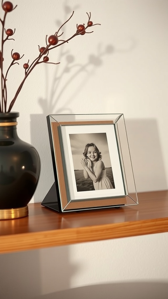 A modern glass photo frame displaying a black-and-white photograph of a smiling child, placed on a wooden shelf next to a vase with decorative branches.