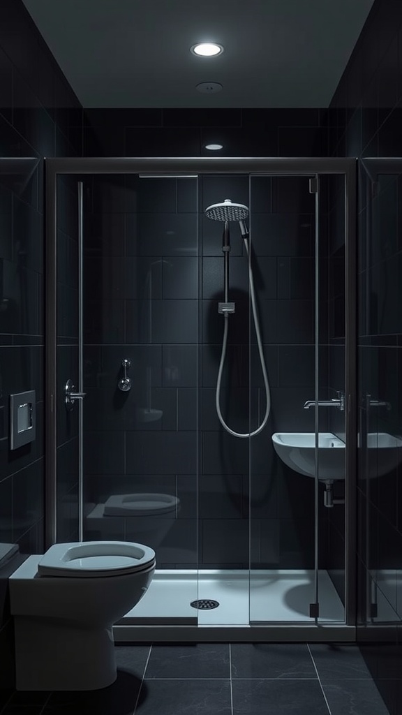 A small dark bathroom featuring glass shower doors, modern fixtures, and dark tile.