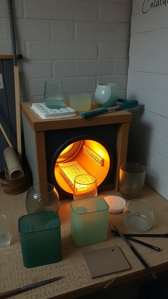 A glowing kiln with various glass pieces set for slumping. The workspace has tools and colored glass shapes, showcasing the process of glass crafting.