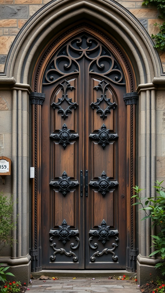 Intricate Gothic-style wooden door with ornate black metal details and stone surroundings.