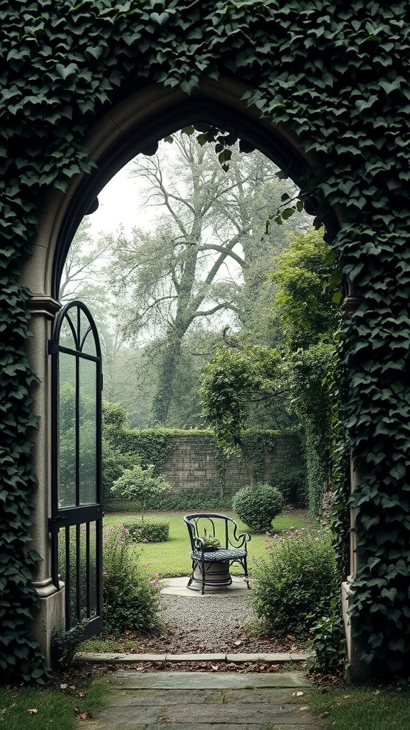 A gothic archway covered in ivy leading to a serene garden with a bench.