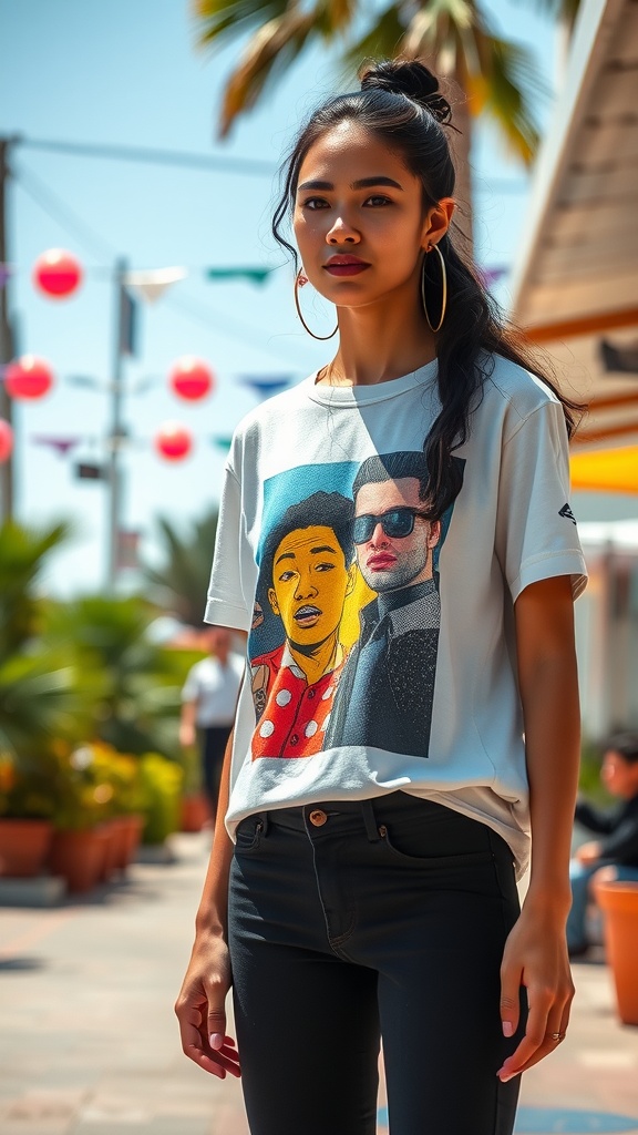 A young woman wearing a graphic tee with bold prints, standing outdoors with palm trees in the background.