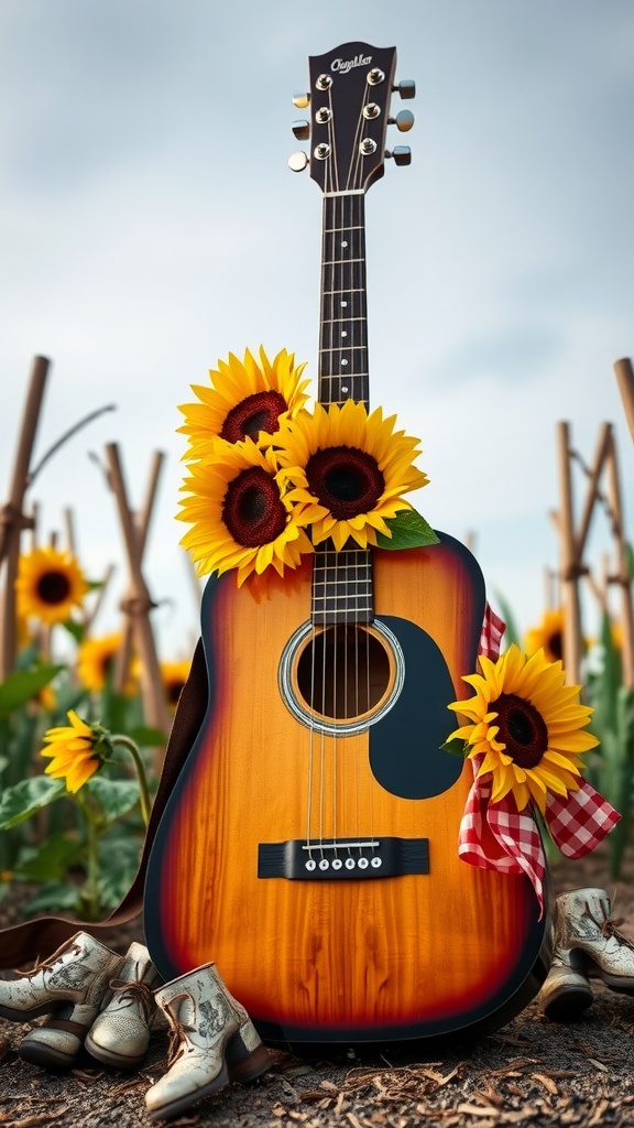 A guitar decorated with sunflowers and cowboy boots in a sunflower field