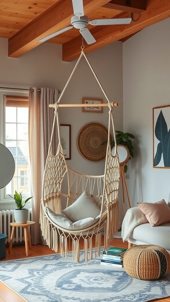 A cozy boho living room featuring a hammock chair, decorative plants, and soft furnishings.