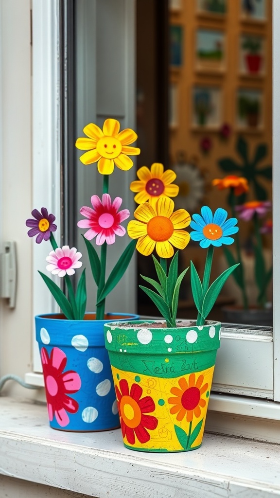 Colorful hand-painted flower pots with flowers in a window