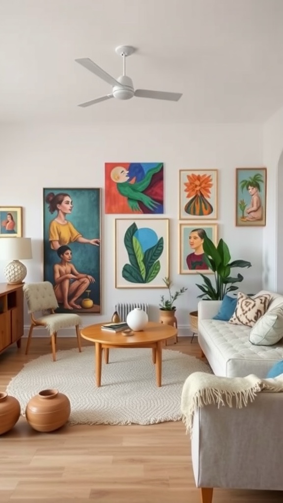 A cozy living room featuring handcrafted artwork and crafts, with colorful paintings on the wall and terracotta pots on the floor.