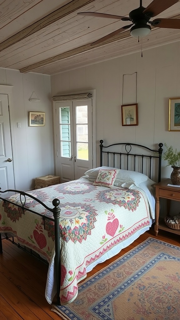 A cozy bedroom featuring a handcrafted quilt in pastel colors on a bed with wooden flooring and vintage decor.