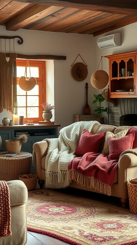 A cozy living room with a sofa covered in handcrafted textiles, including woven blankets and cushions, surrounded by natural decor.