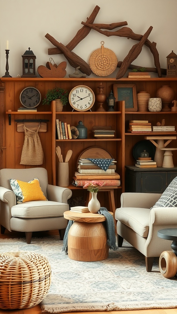 A cozy living room featuring handcrafted wooden accents, including shelves and furniture, creating a warm and inviting atmosphere.