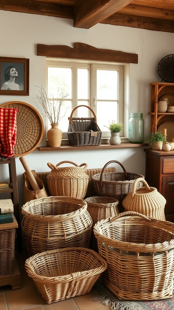 A collection of handmade baskets in various sizes arranged in a cozy living room setting.