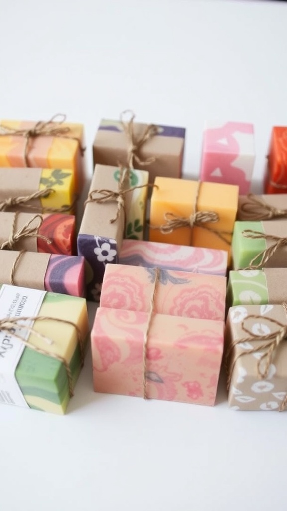 Colorful handmade soap bars wrapped in twine