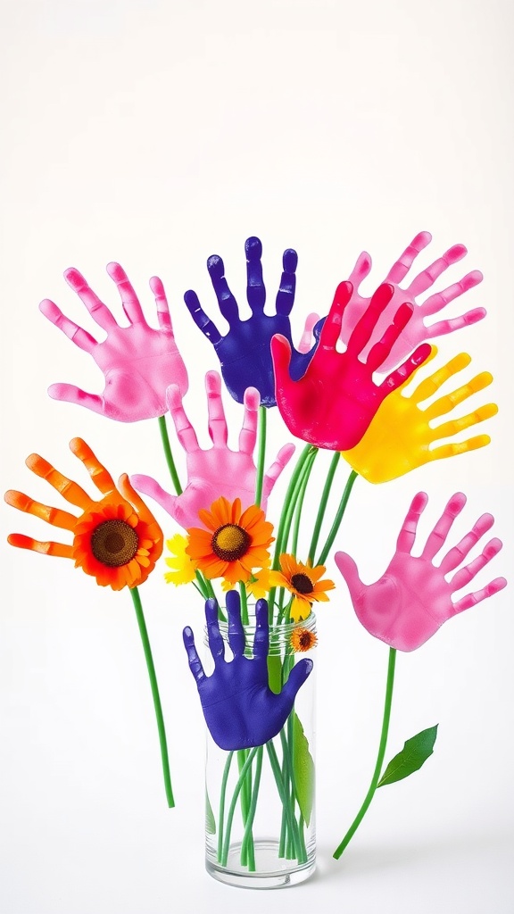 A colorful bouquet made from handprints, featuring pink, purple, and yellow flowers alongside sunflowers, arranged in a clear jar.