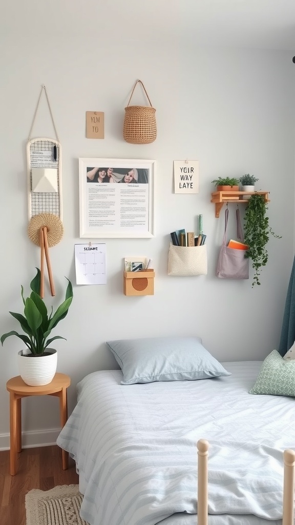 A small bedroom featuring hanging storage solutions like baskets and pouches on the wall, with a bed, plants, and decorative items.