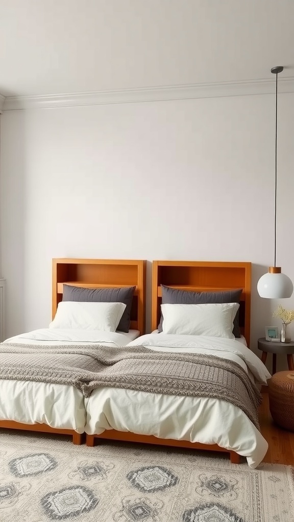 Twin beds with a shared wooden headboard that has built-in storage compartments.