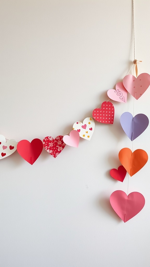 Garland made of colorful heart-shaped paper cutouts hanging on a wall.