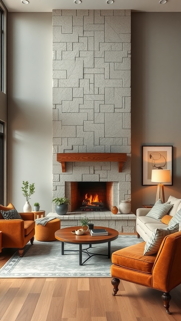 A cozy living room featuring a stone fireplace and orange furniture, creating a warm atmosphere.