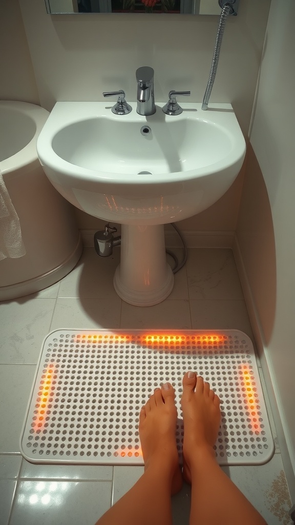 Heated bath mat with feet on it beside a sink