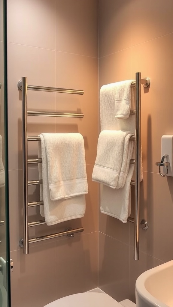 A modern heated towel rack with white towels in a stylish bathroom