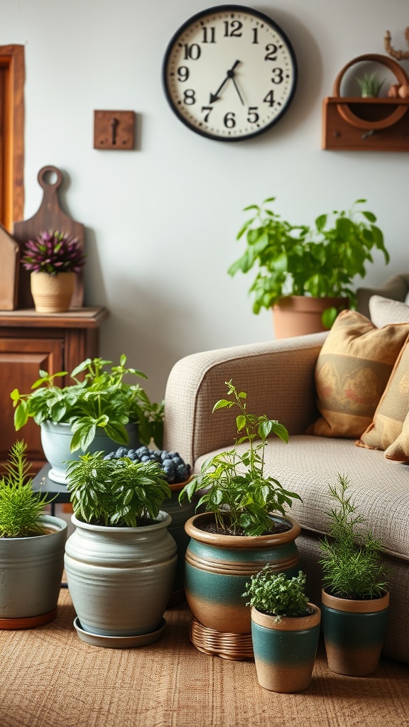 A cozy living room corner with various potted herbs beside a couch and a wall clock.