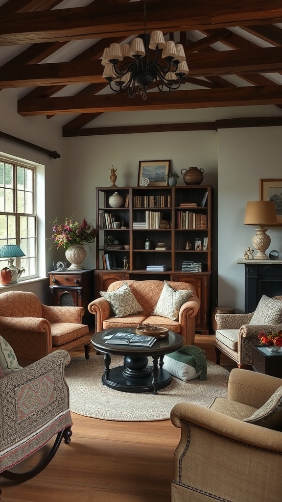 Cozy Old English living room with wooden beams, plush furniture, and warm lighting.