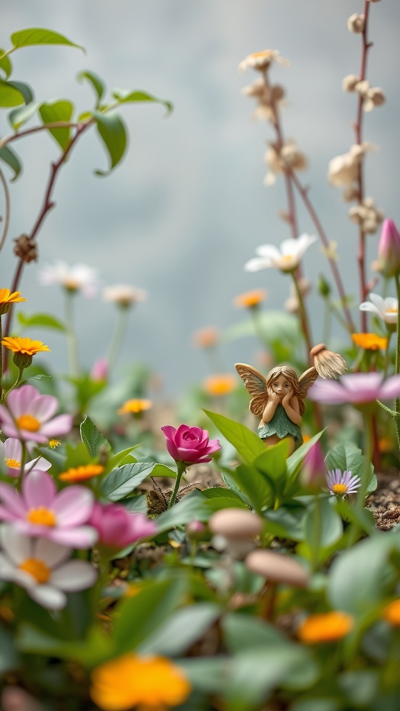 A fairy statue nestled among vibrant flowers in a whimsical garden