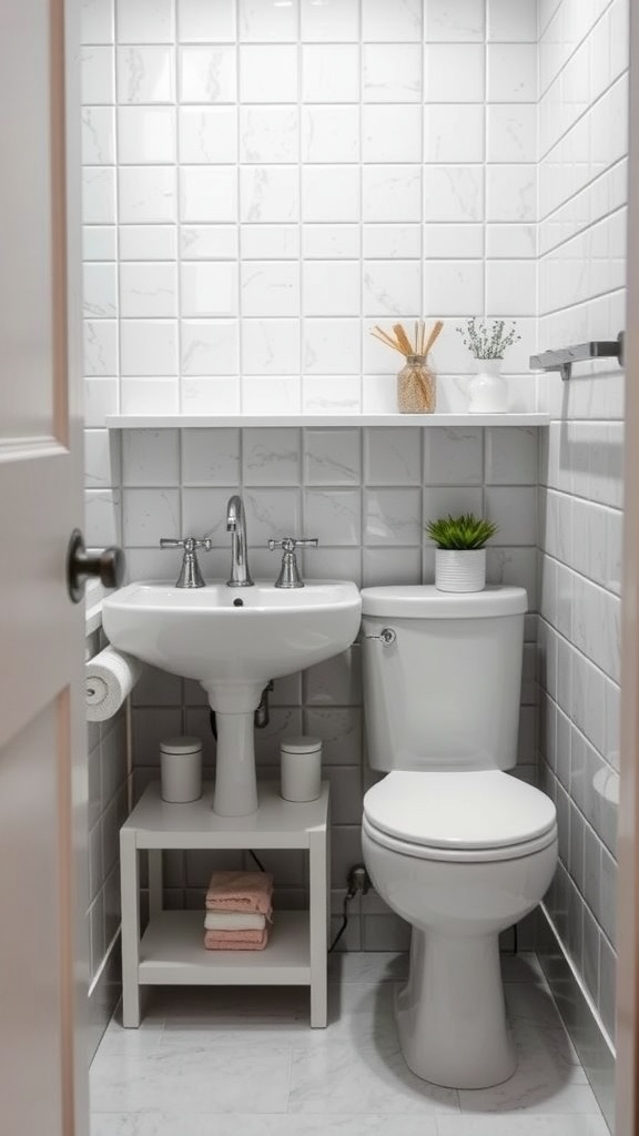 A small bathroom featuring a sink and toilet with an organized under-sink storage area, including a shelf for towels.