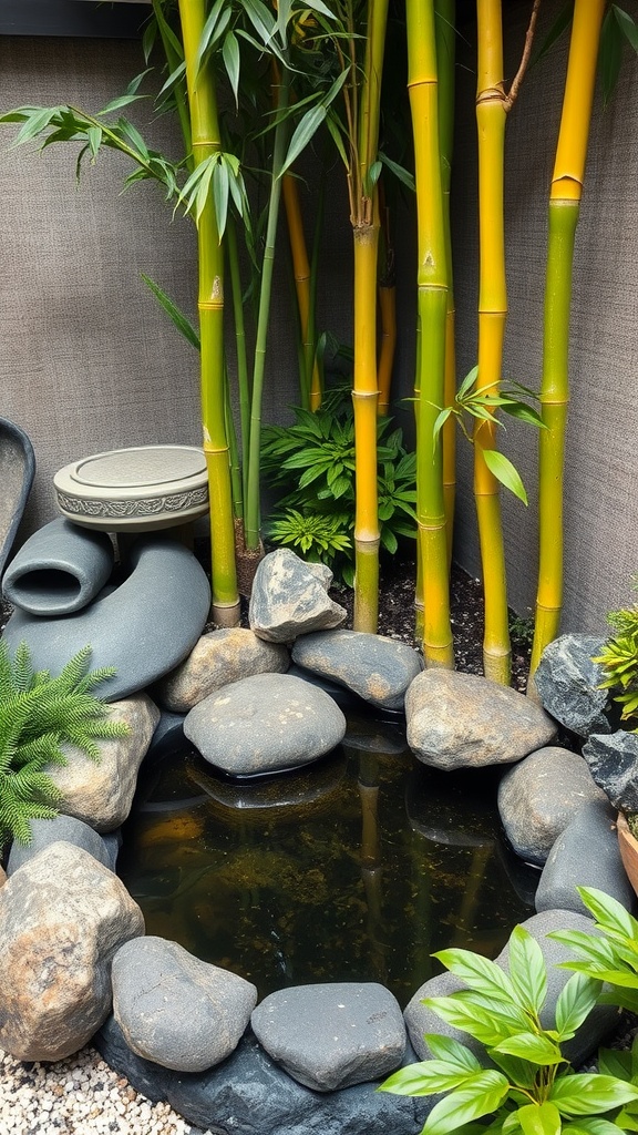 A serene meditation corner featuring a small pond surrounded by smooth stones and bamboo.