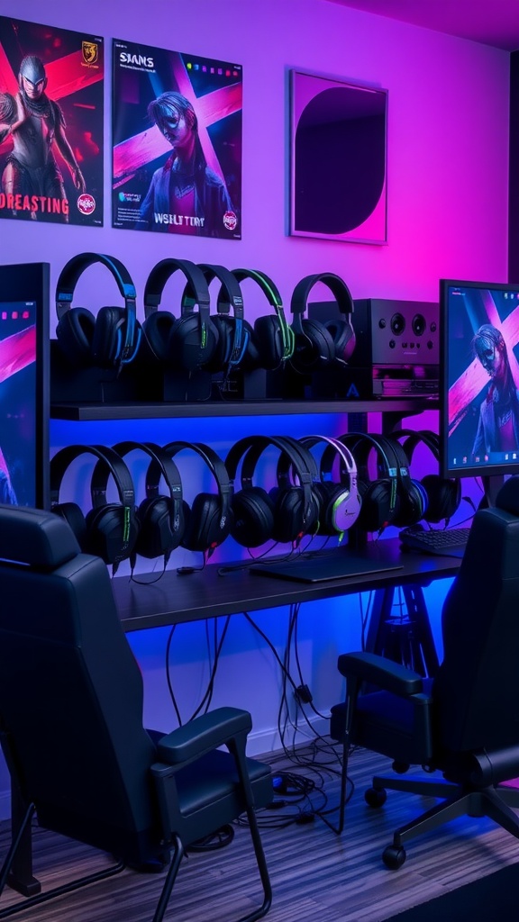 A gaming room setup featuring a stylish headset station with multiple headsets on display, cozy chairs, and colorful LED lighting.