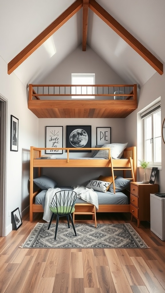 Loft bed design with high ceilings featuring wooden structure, lower bunk, and cozy decor.