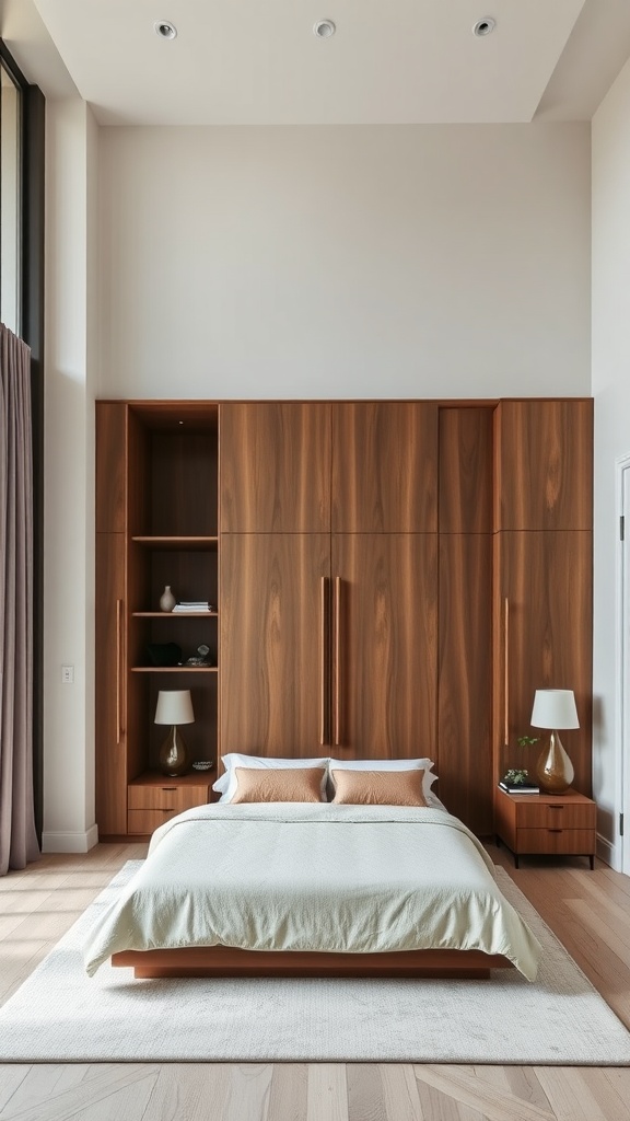 Modern bedroom with high ceilings featuring a tall wooden wardrobe and a neatly made bed.