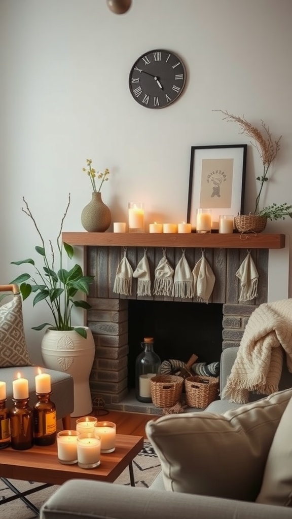 A cozy living room with candles on a table and a fireplace, creating a warm atmosphere.