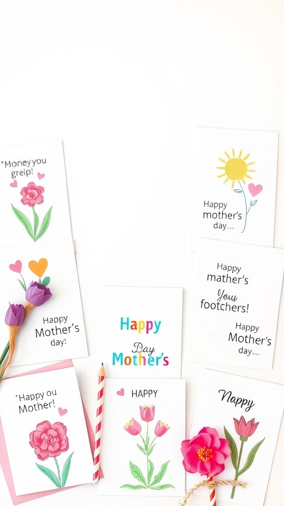 A collection of colorful homemade Mother's Day cards with flowers and cheerful messages