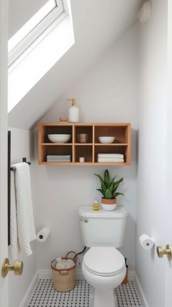 Small bathroom with slanted ceiling featuring open shelving above the toilet.