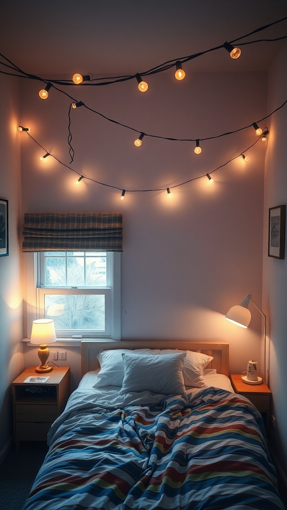 A small bedroom with string lights and a bedside lamp creating a cozy atmosphere.