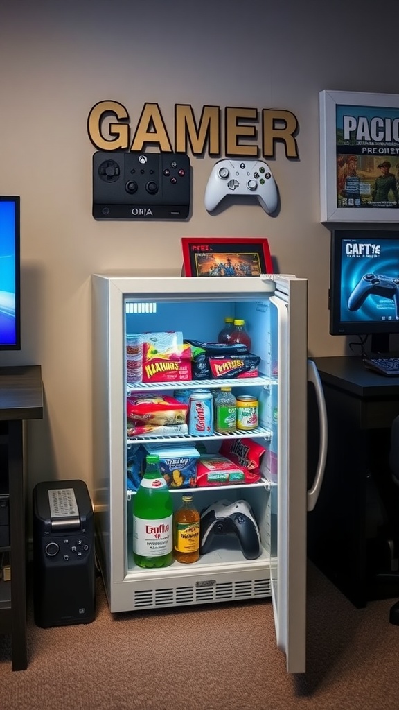 A mini fridge stocked with drinks and snacks in a cozy gaming room.