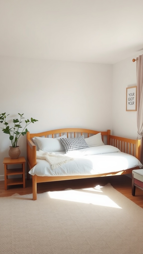 A cozy small room featuring a wooden daybed with light bedding, a side table, and a plant, illuminated by natural light.