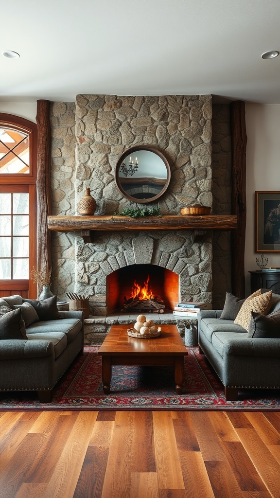 Cozy living room with a stone fireplace, gray sofas, and a wooden coffee table.