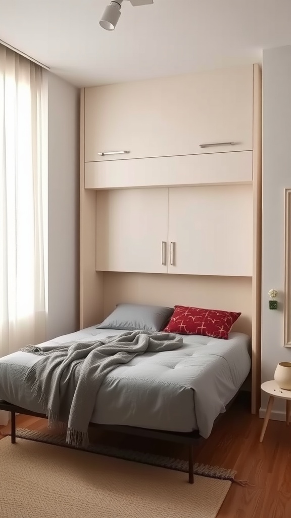 A modern Murphy bed folded up in a stylish bedroom, showcasing smart storage solutions above.