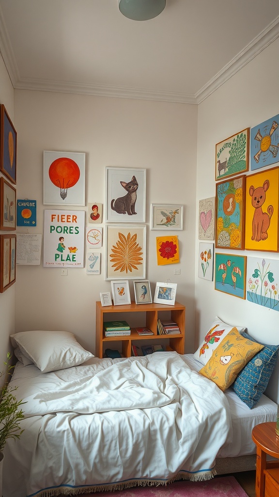 Cozy bedroom with colorful artwork on walls, showcasing personality and creativity.