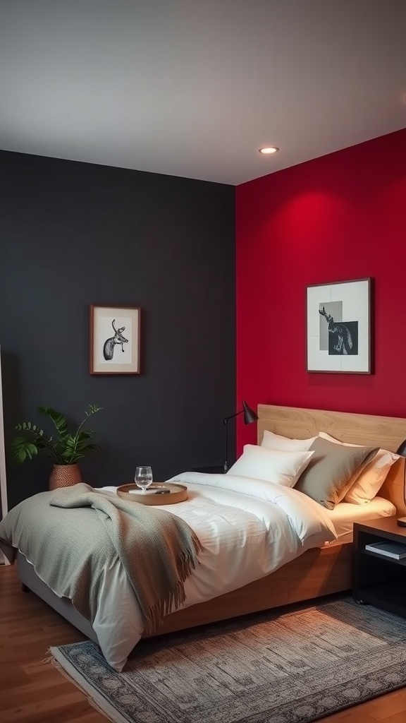 A cozy small bedroom featuring a black and red accent wall, neatly made bed with neutral bedding, framed art, and a small plant.