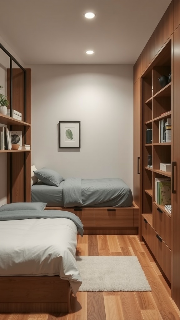 A small shared bedroom featuring two beds with built-in storage and wall shelves.