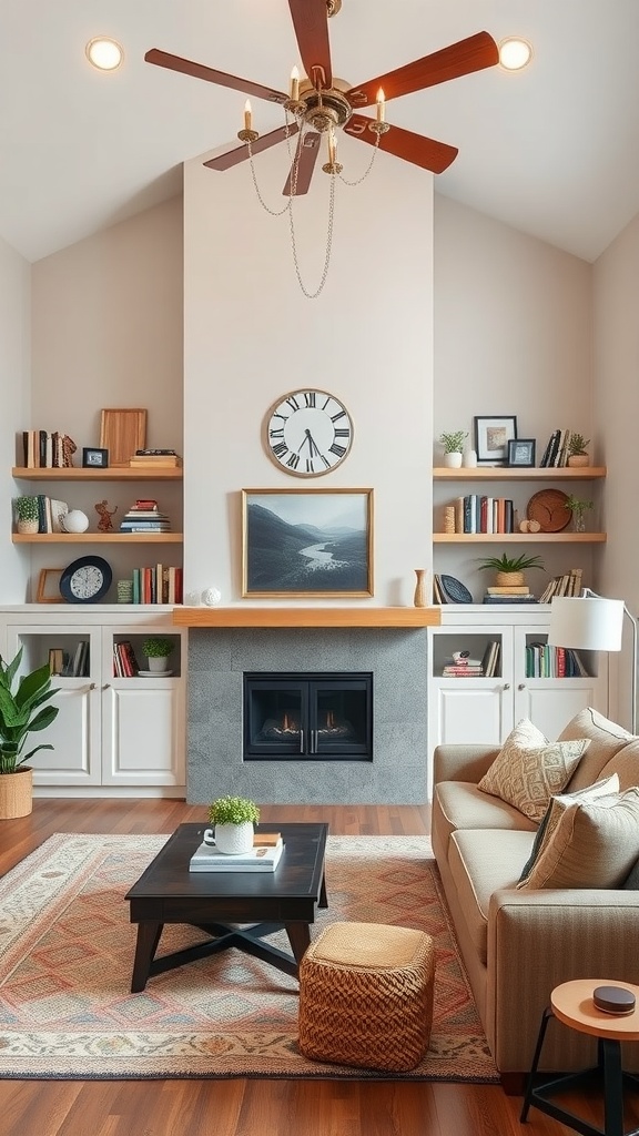 Modern western living room with custom built-ins, showing a fireplace, shelves with books and decor, and a comfortable sitting area.