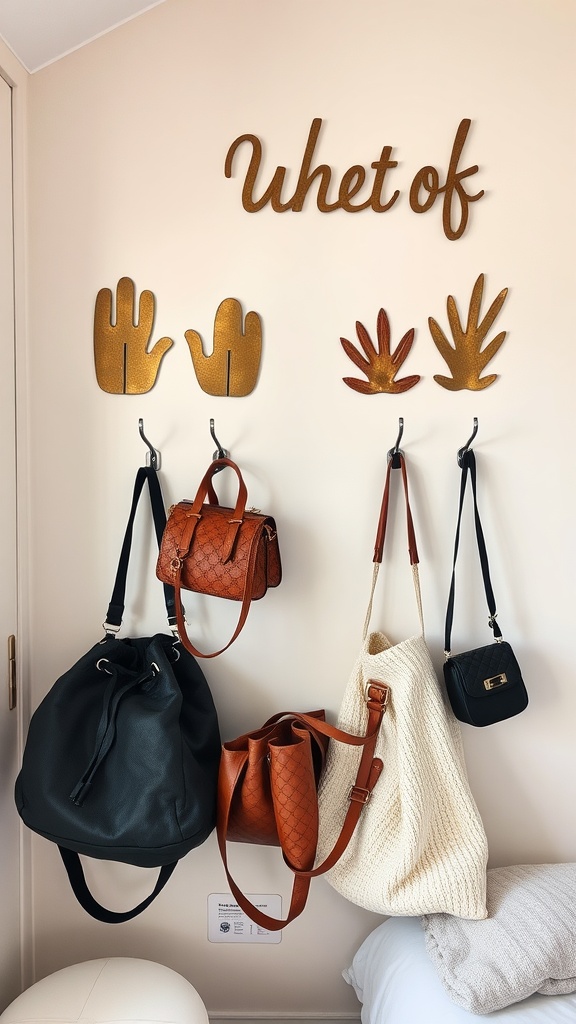 A wall with decorative hooks displaying various bags, complemented by artistic wall decor.