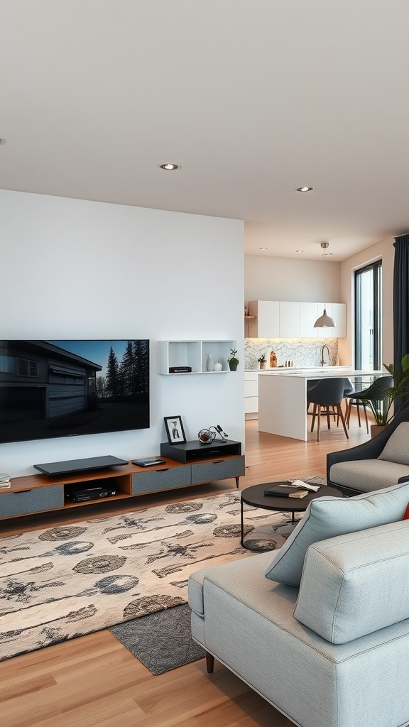 A modern living room with a TV setup next to an open kitchen, featuring stylish furniture and a cozy atmosphere.