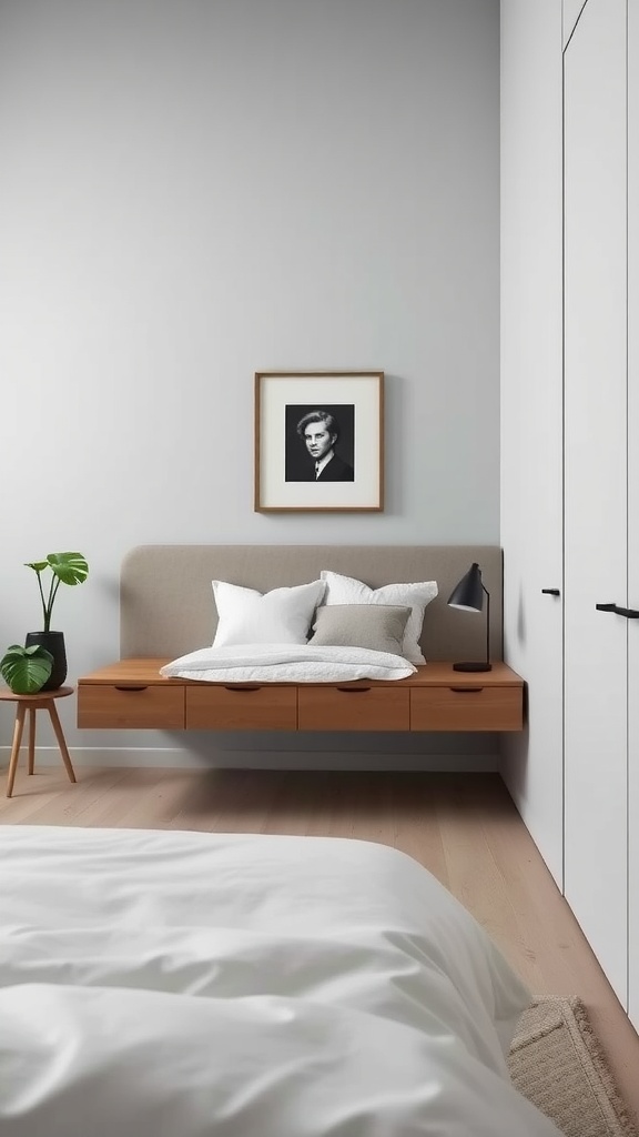 A small bedroom featuring a floating nightstand with a cozy bed, decorative pillows, a lamp, and a potted plant.