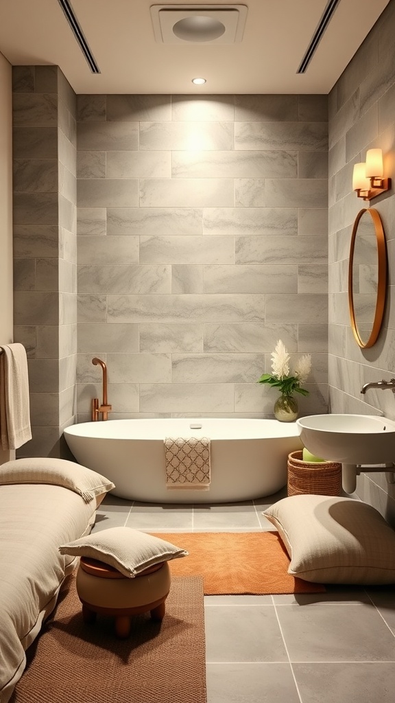 A cozy bathroom featuring a freestanding tub, soft cushions on the floor, and warm-toned decor.