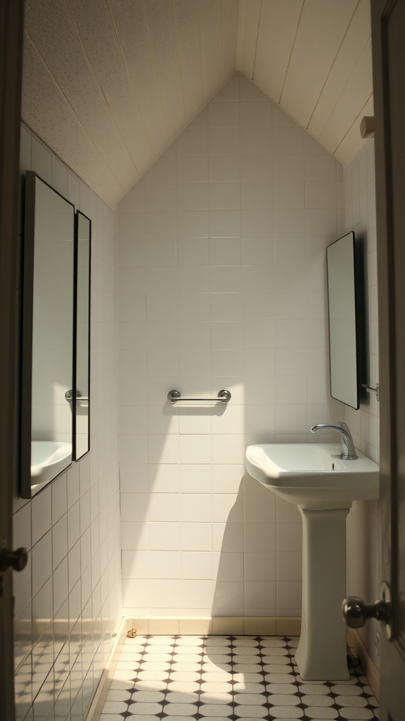 Small bathroom with slanted ceiling featuring mirrors and a sink.