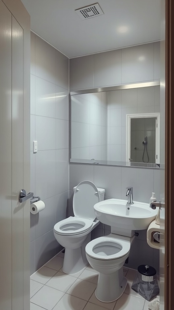 A small toilet room with a large mirror above the sink