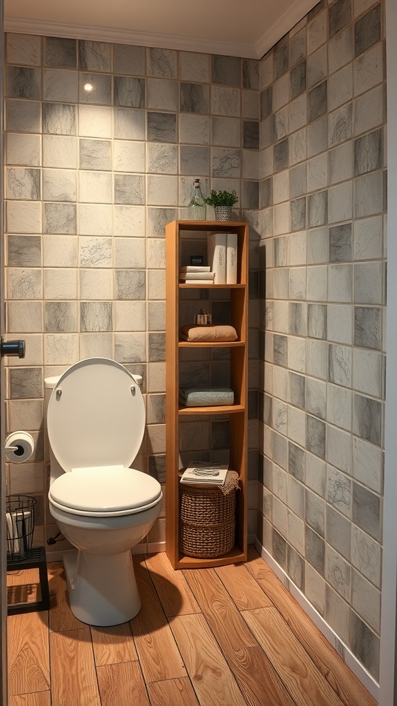 A small toilet room featuring a white toilet, wooden shelving unit, and stylish wall tiles.