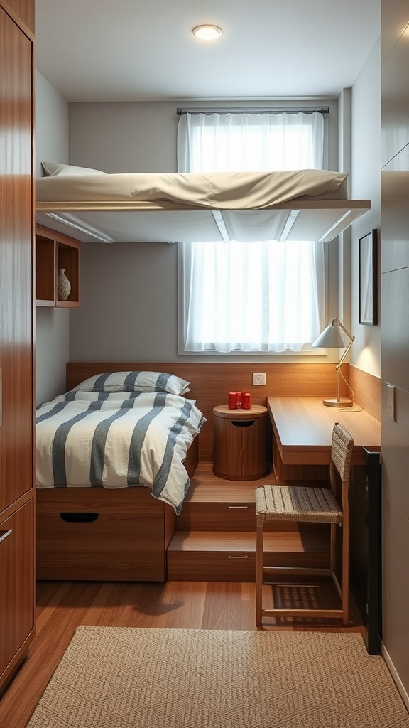 A small bedroom featuring a lofted bed, a workspace, and storage drawers.